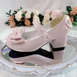 2025Lolita Style Cute Round Head Jane Pumps With Bow Women's Sweet Party Dress Midi Heels Shoes Fashion PU Sandals