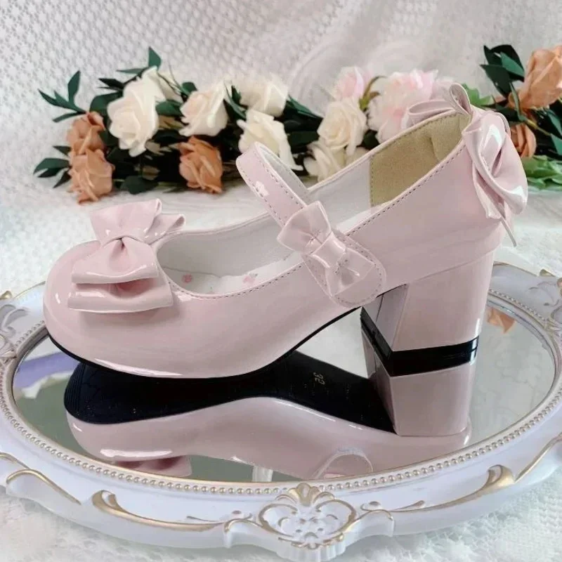 2025Lolita Style Cute Round Head Jane Pumps With Bow Women's Sweet Party Dress Midi Heels Shoes Fashion PU Sandals