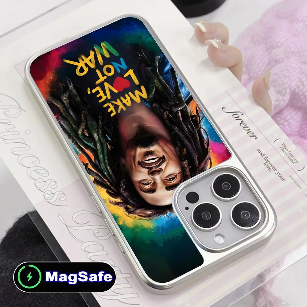 

Чехол для телефона Reggae Bob Marley для iPhone 17 16 15 14 13 12 11 Air Pro Max Plus Magsafe, серебристое покрытие, красочный, красивый дизайн