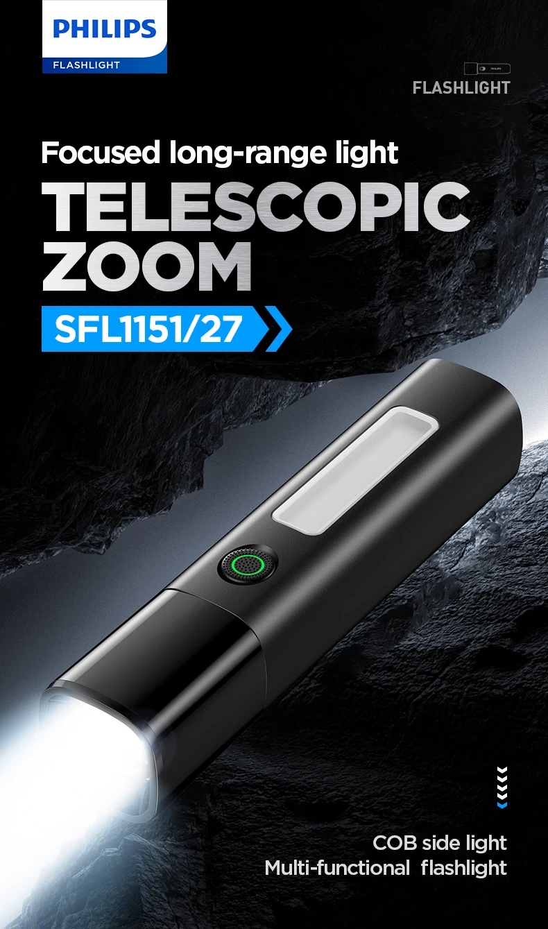 Philips SFL1151 2000mAh Telescopic Zoom Strong Flashlight with COB Side Light, 8.5H Battery Life