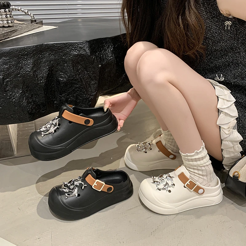 

Женские летние новые нескользящие модные повседневные пляжные тапочки на толстой подошве, тапочки с отверстиями на высоком каблуке с животным узором, одежда на улице