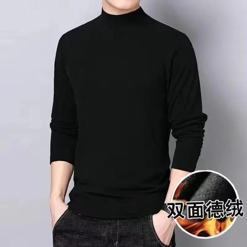 Long Sleeves T-shirt Mens Casual Shirt Half-high Collar Pullover Fleece Long Sleeved Shirt Man Base Shirt Warm Mock Neck T-shirt