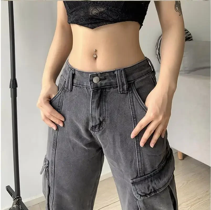 Women Y2k Cargo Jeans 2025 Autumn Big Pockets Vintage Cyber Jeans Hippie Trousers Baggy Pants Chic Straight Emo Bottoms BF