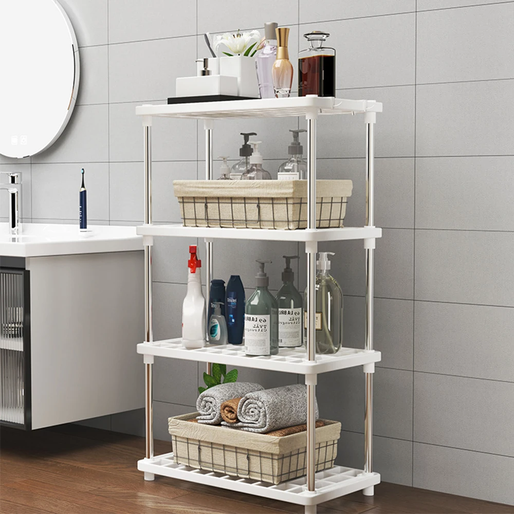 Bathroom Storage Rack 2/3/4 Layers with Hooks for Sundries Storage Spice Rack Kitchen Cabinet Cupboard Bathroom Storage Shelf