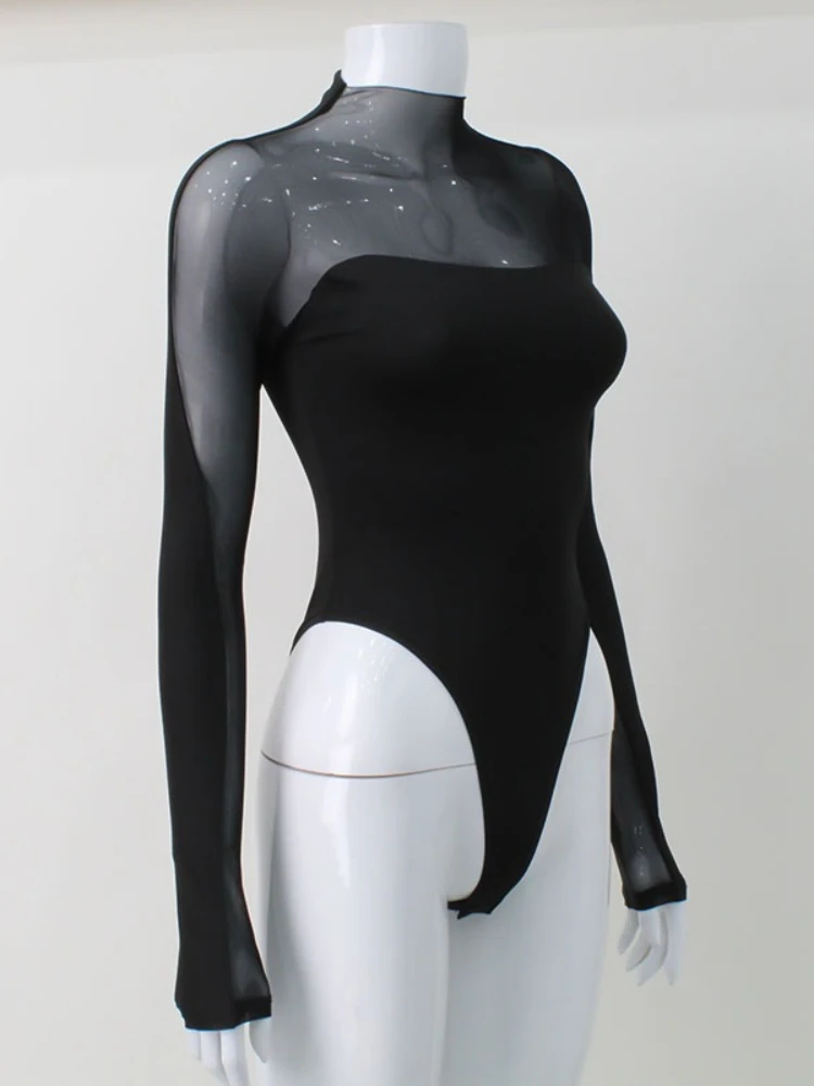 SsTss أسود رقبة عالية بقماش شفاف لوحة طويلة الأكمام ارتداءها المرأة ربيع جديد موضة المرقعة سليم Bodycon نادي الحفلات تيز القمم