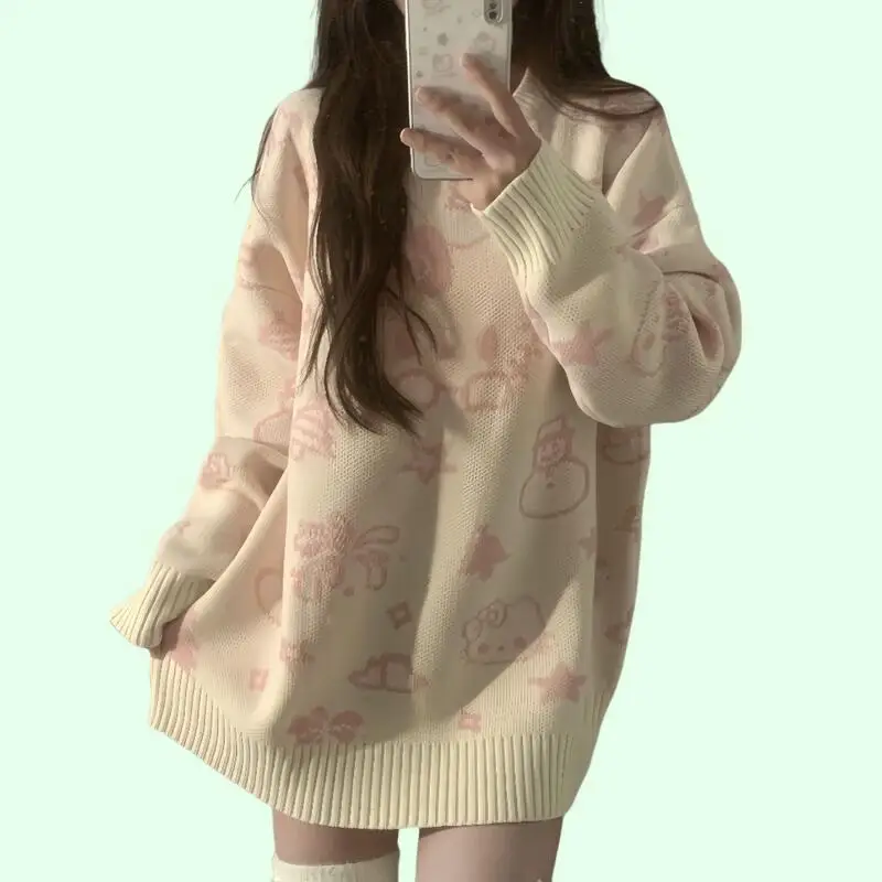 2025年秋冬新作ファッション可愛い漫画セーター ハローキティ ラウンドネックパーカー カジュアルゆったり怠惰スタイルニットセーター