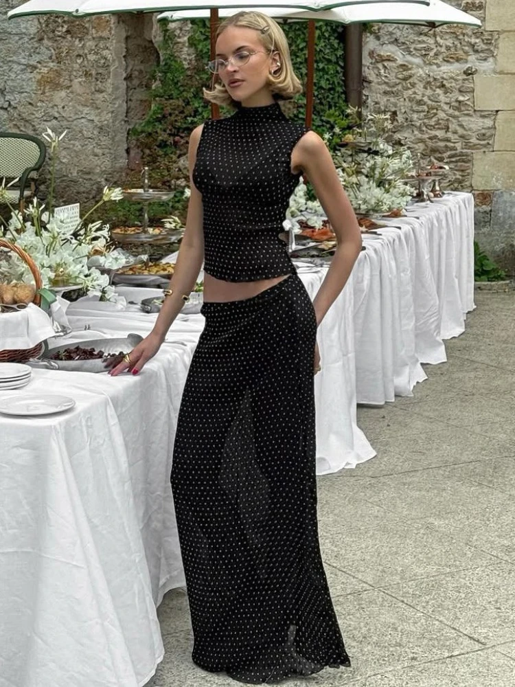 

Женский топ без рукавов в стиле ретро, макси-юбка с высокой талией, сексуальная тонкая полуюбка, элегантная юбка в горошек для отпуска, вечеринки