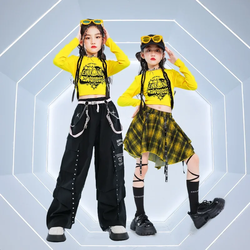 

Детский желтый джазовый костюм в стиле хип-хоп, комплект одежды, крутой укороченный топ K-pop, брюки-карго для уличных танцев, клетчатые юбки, уличная одежда для девочек, дети
