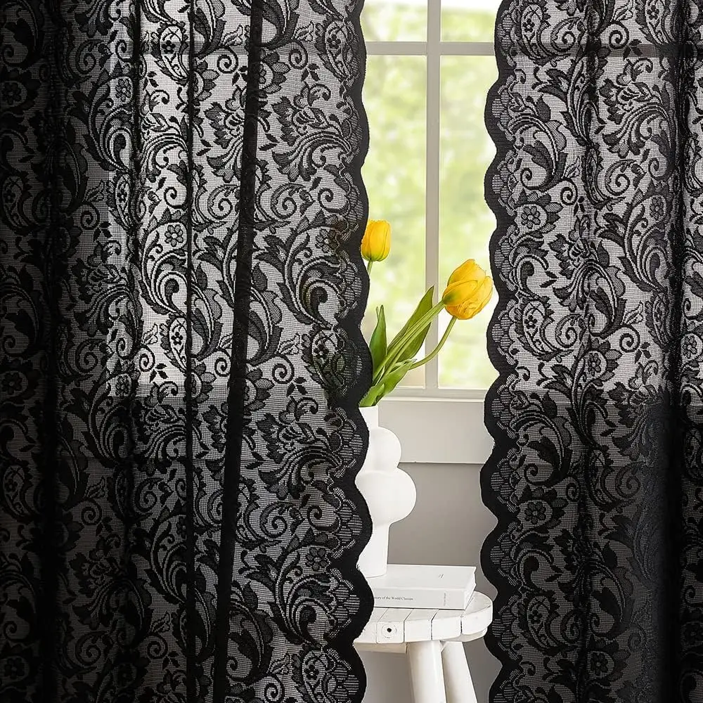 ALIGOGO Gothic Black Lace Curtains 52W X 63L Inch Victorian Vintage Floral Pattern Light Filtering Privacy Rod Pocket 2 Panels for Bedroom Halloween Home Decor