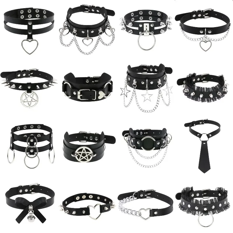 1Pc Harajuku Sexy Girl Heart Rivets Black Hip Hop Chokers Diy Cool Men Cosplay Gothic Star Amulet PU Leather Necklaces Jewelry