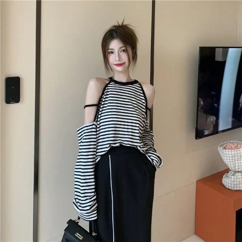 Summer Sexy Off Shoulder Long Sleeve T-shirt New Hollow Out Loose Striped Shirt Tops Korean Fashion and Trend Women Clothing