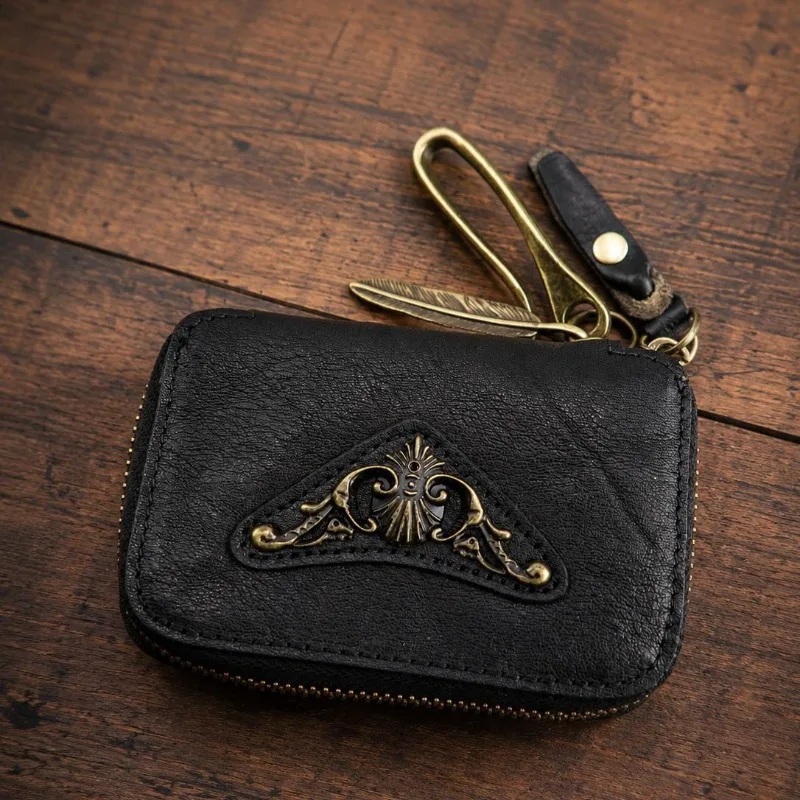 Real Leather Car Key Fob Case for Men,Vintage Zipper Key Holder with Key Hooks, Protective Organizer for Remote Keys&House Keys