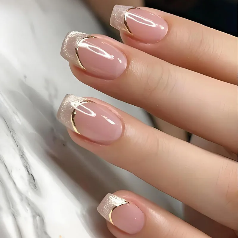 

24Pcs Short Oval Press On Nails, Cat Eye Gradient Gold Edge Fake Nails, Reusable Acrylic Nail Tips