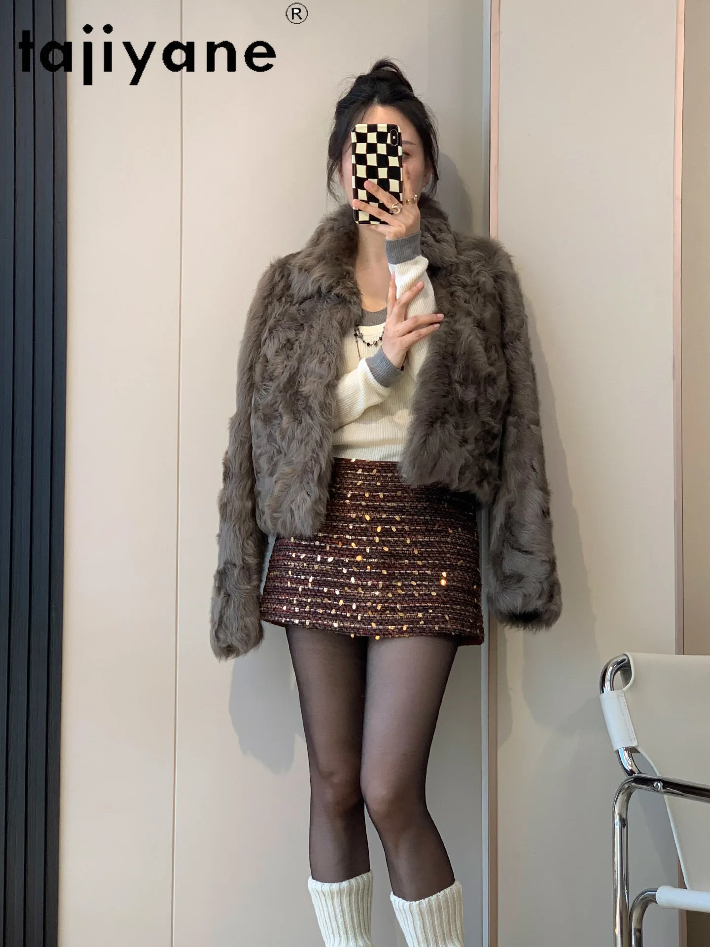 سترة من صوف الغنم الطبيعي 100% من TAJIYANE سترة من الفرو مزدوجة الوجه للنساء 2025 معاطف شتوية قصيرة أنيقة ملابس نسائية شوروبا