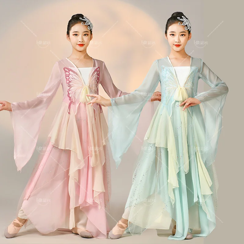 

New-style children girls classical costumes fan Chinese folk dance umbrella elegant practice Costumes