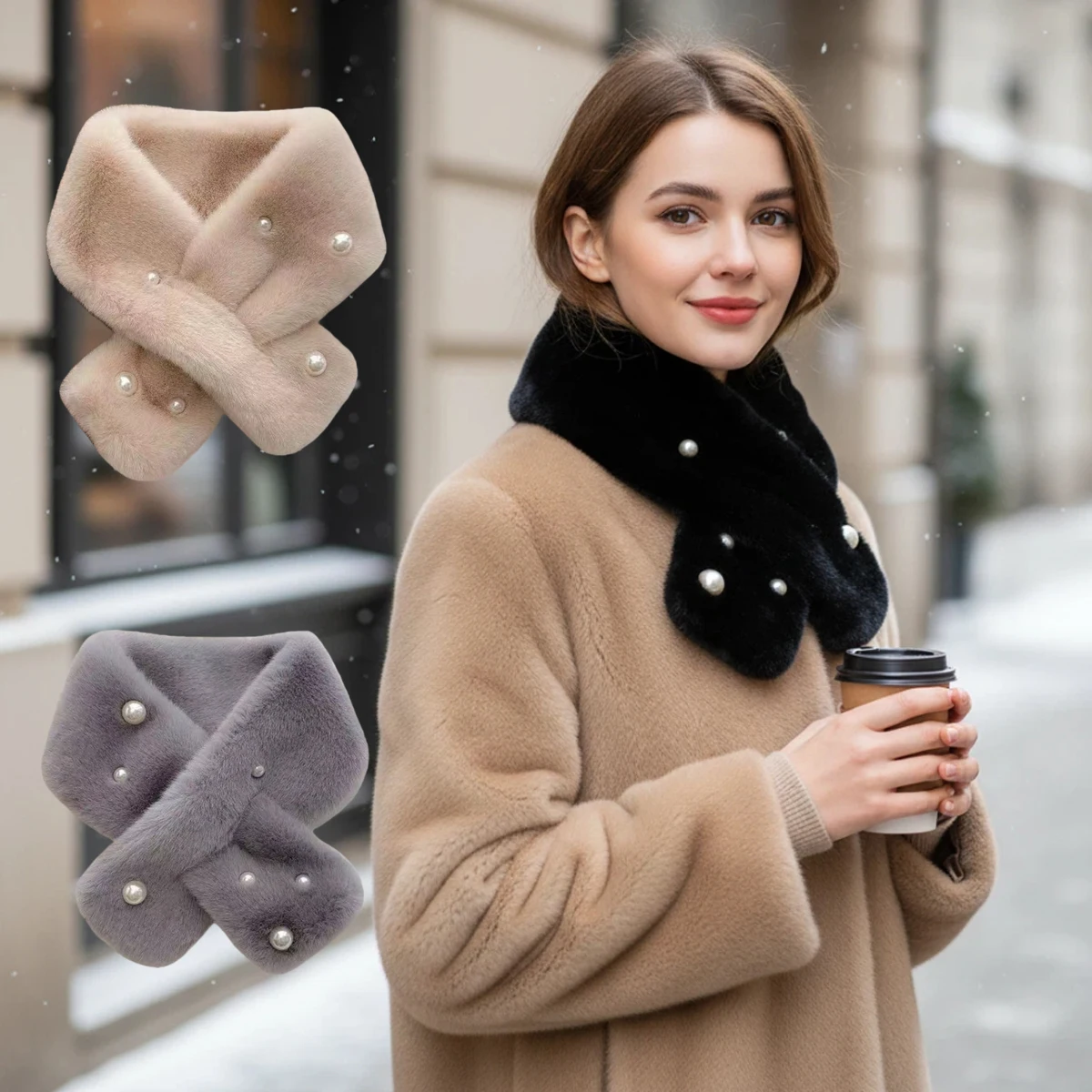 

Women's Thick Cross-Neck Scarf Warm Artificial Rabbit Fur Solid-Colored Cold-Proof Soft Winter Accessory