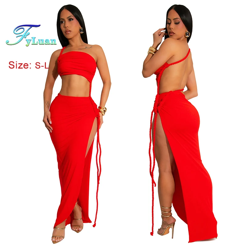 

Fashion Women's Long Skirt Two Piece Set Sexy Wrap Chest One Shoulder Strap Top Side Slit Split Long Skirt Cocktail Prom Outfit