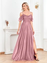 Lucyinlove elegante bretelle rosa abito da sera formale 2024 donne brillanti a-line festa di nozze Maxi abito abiti a fessura Prom