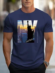 Men's 100% pure cotton summer loose fit large size NY Graphic print casual slim fit round neck short sleeved T-shirt top
