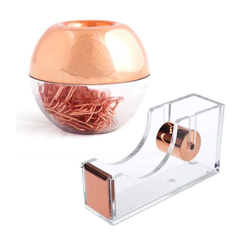 100 Buah Dispenser Klip Kertas Di Rose Gold Klip Magnetik & 1 Buah Dispenser Pita Akrilik Bening Rose Gold