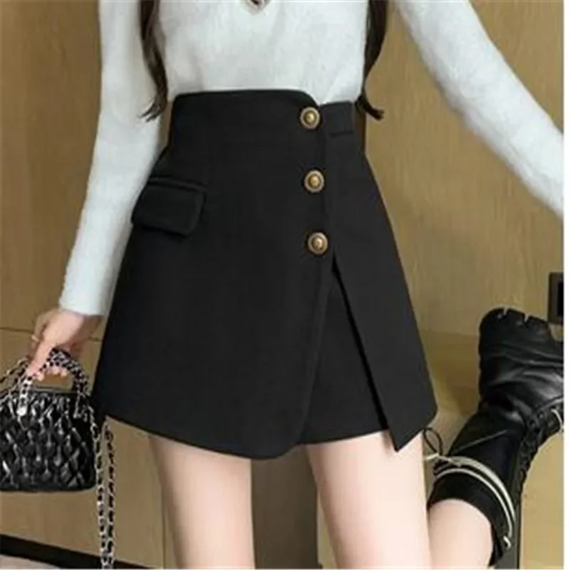 High Waist Warm Women Wool Skirts Shorts With Button Casual Winter Thickening Wide Leg Short Pants For Boots Ladies