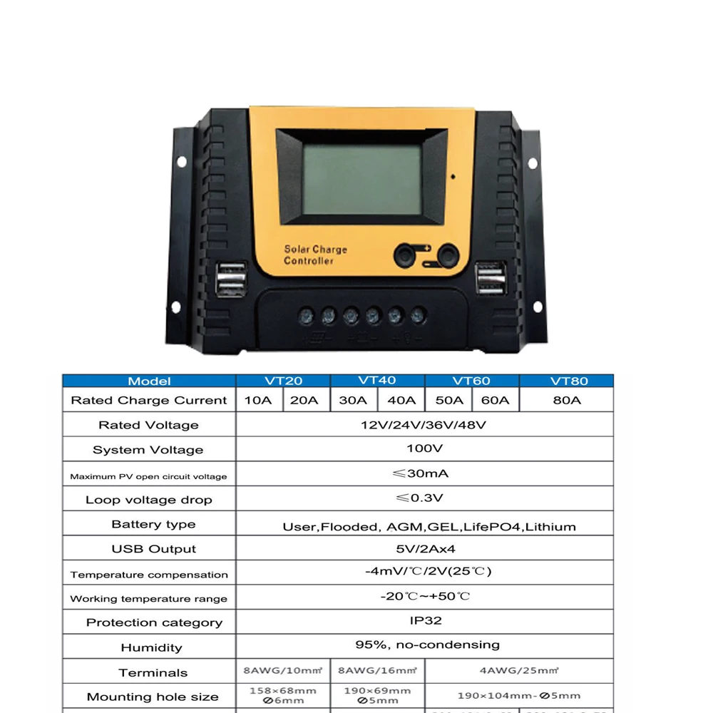 Solar Controller Régulateur de panneau solaire 12V, contrôleur connecté, batteries lithium-fer/plomb-acide/li-ion Lifepo4 12V/24V 10A 20A 30A 40A 50A 60A