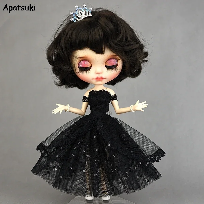 Black Princess Dress for Blythe Dolls New Year Evening Party Dress for BJD Blythe Dolls Off Shoulder Outfits Clothes Accessories