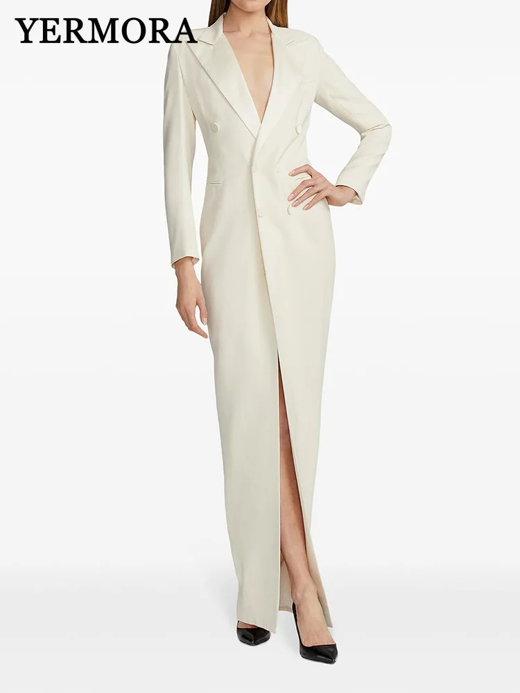 

YERMORA White Button Pockets Elegant Thin Long Blazer For Women Lapel Loose New Trench Fashion Tide Spring Autumn 2025