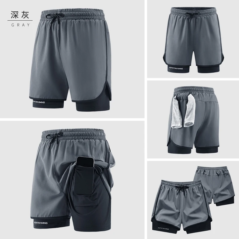 Men's Double Layer Fitness Shorts Men Fitness Gym Training 2 in 1 Sports Shorts Quick Dry Workout Jogging Double Deck Summer