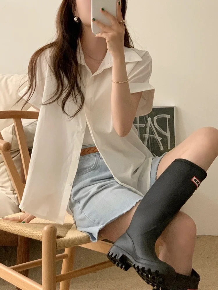 

Korean Sle ort Sve irt Women's Loose Single Button down irt Ele Agel Button up Top for Summer 2025