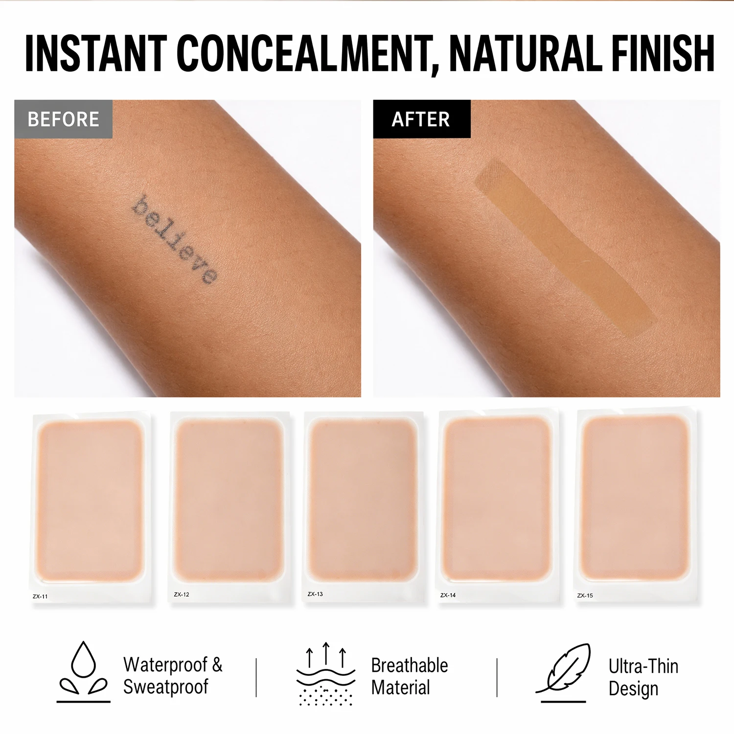 Waterproof Tattoo Concealer Patch 5 Skin Tones Invisible Scar Cover Up Tape Ultra Thin Breathable Sweatproof Hide Tattoo Sticker
