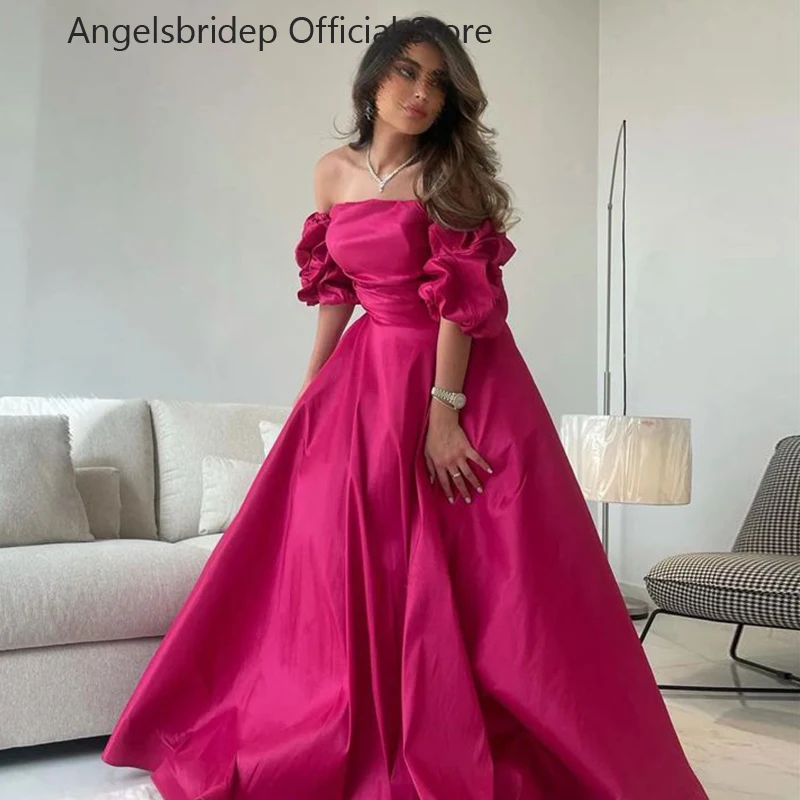 

Angelsbridep Fuchsia Satin Prom Dresses 2023 Short Puff Sleeves Cocktail Dresses Strapless Robe De Soirée Vestido De Graduación