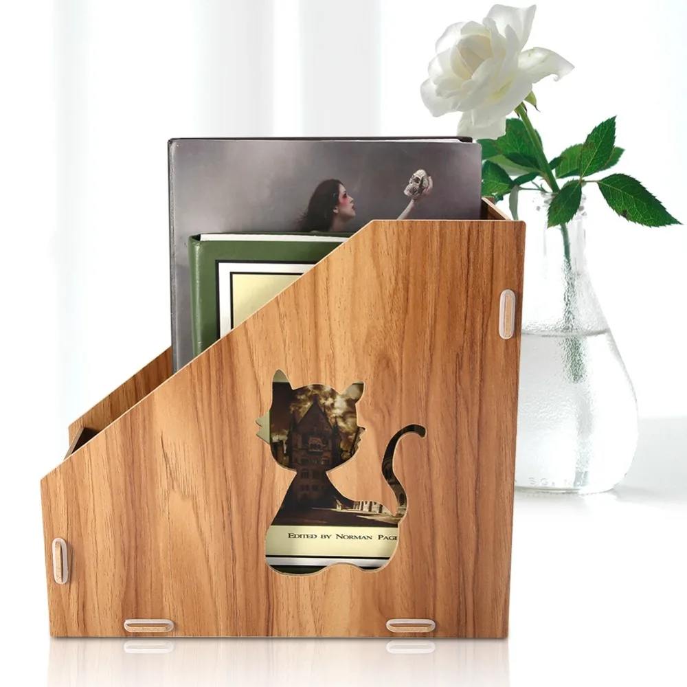 Hollow Out Cat Magazine File Organizer Space Saving Wooden Desktop Document Sorter Large Storage Capacity File Folder Organizer