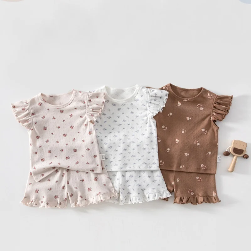 9M-4T Kids Pajamas Suit Pure Cotton 2Pcs Girls Sleep Wear Hollow Out Kids Girls Indoor Clothing Suit