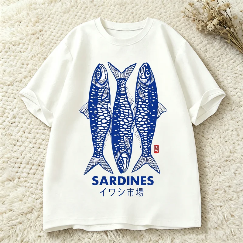 Ocean Art Vertical Striped Fish Print Tshirt Unisex O Neck Short Sleeve Trendy Watercolor Painting Streetwear Tee Harajuku Y2k