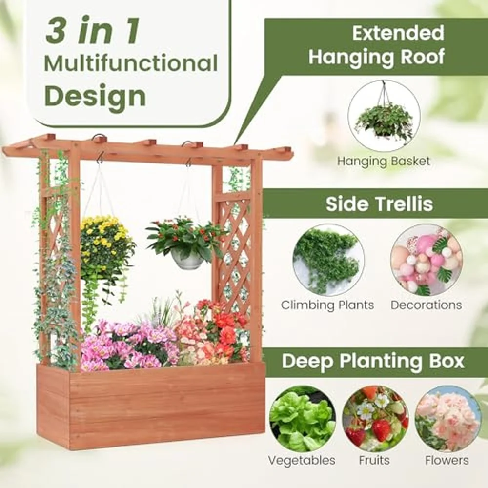 Set of 2 Raised Garden Bed with 2 Sided Trellis & Hanging Roof Fir Wood Planter Box w/Drainage Holes Freestanding