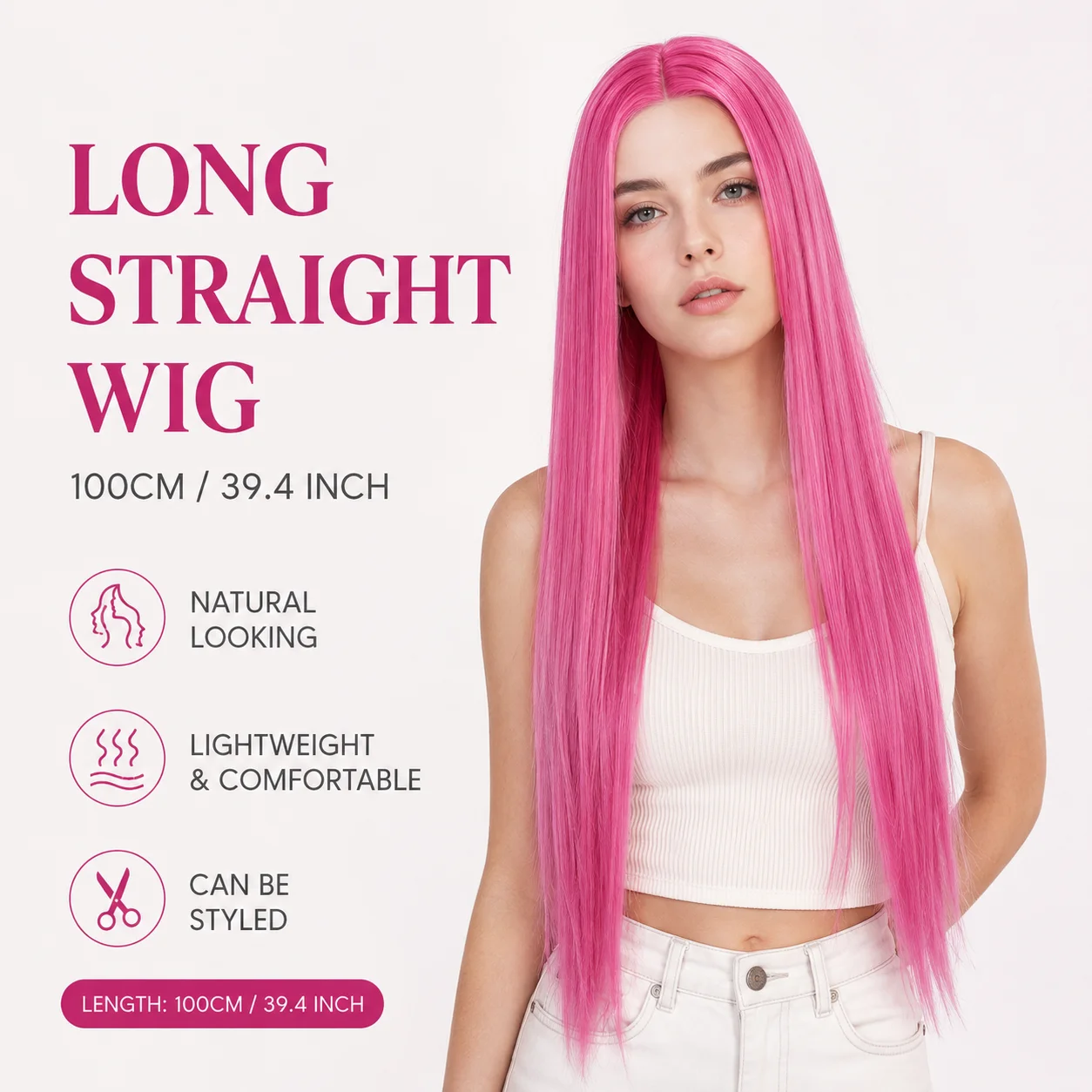 Long Straight Pink Synthetic Wig for Women 100cm Heat Resistant Cosplay Wigs Bright Pink Straight Hair for Halloween Cosplay
