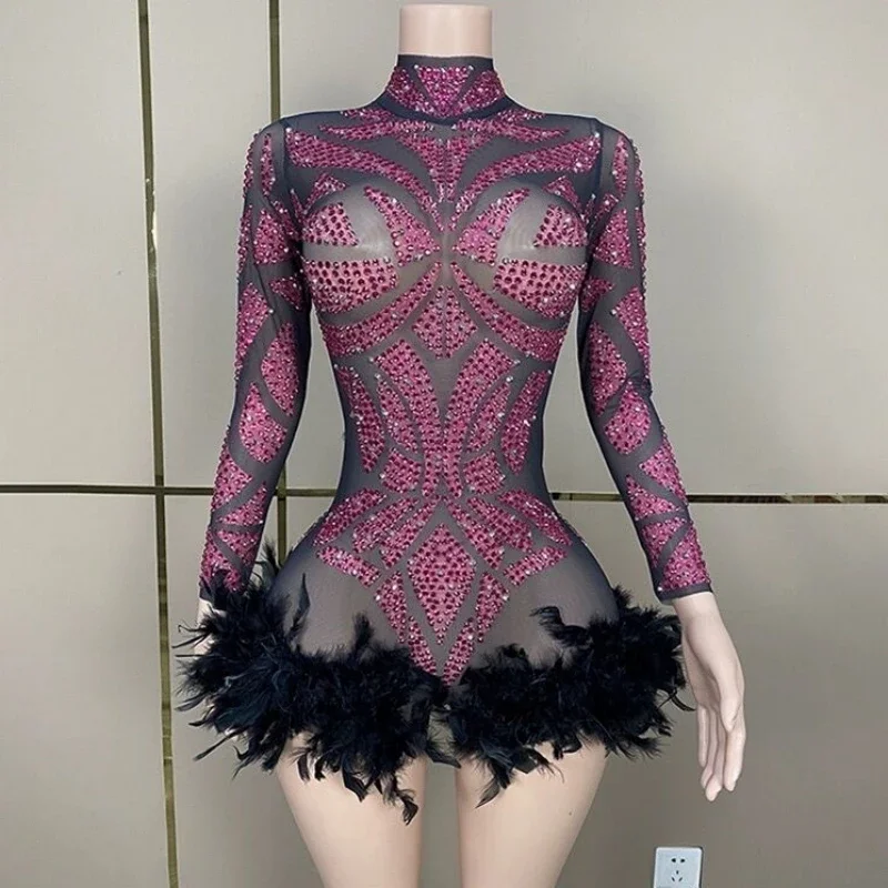 Sexy See-Through Bodysuit com Diamantes Penas, Bainha, Malha Bainha, Festa à noite, Comemorar Costume, Bailarino Prom, Boate, Stage Wear