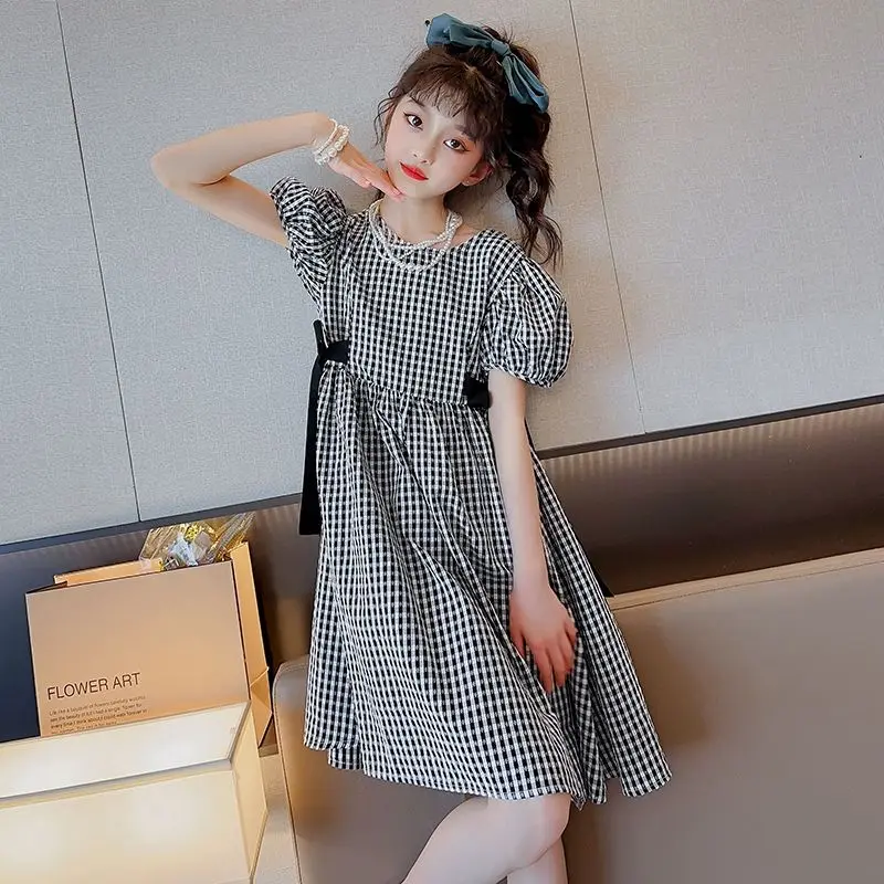 2024 estate bambini ragazze primavera plaid controllato principessa adolescente capodanno lanterna manica backles vestito abbigliamento 5 6 12 anni