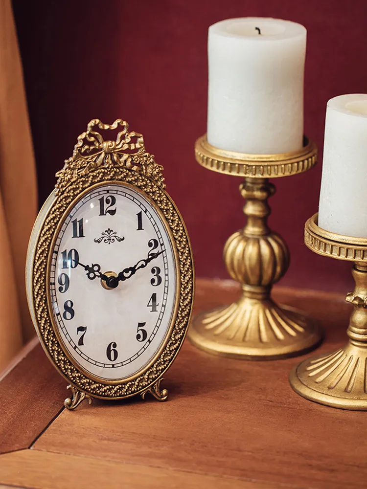 Premium French Retro Table Clock Ornament Living Room Desktop Clock Table Decoration Quartz Clock Light Luxury Golden Metal