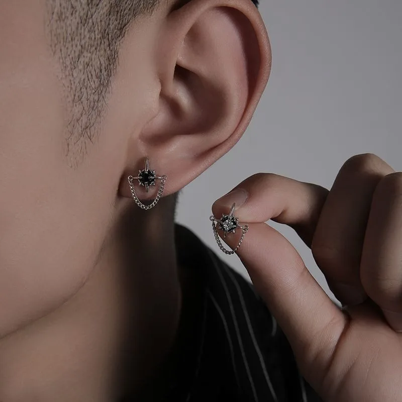 

Black and white dazzling star chain earrings, personalized men's trendy and fashionable ear accessories