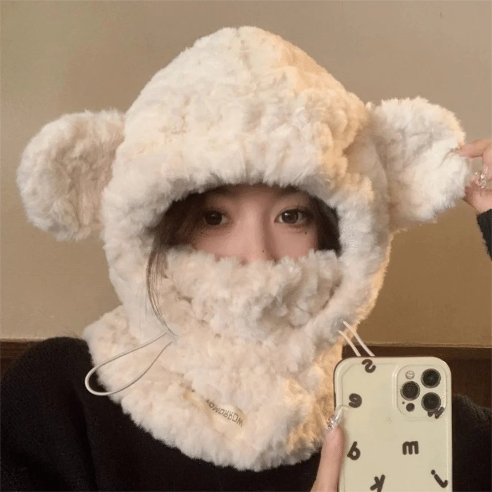 

Cute One-Piece Winter Plush Hat Windproof Ear Protection Earflap Bonnet Hat Solid Color Thick Warm Girl's Hat Hooded Scarf