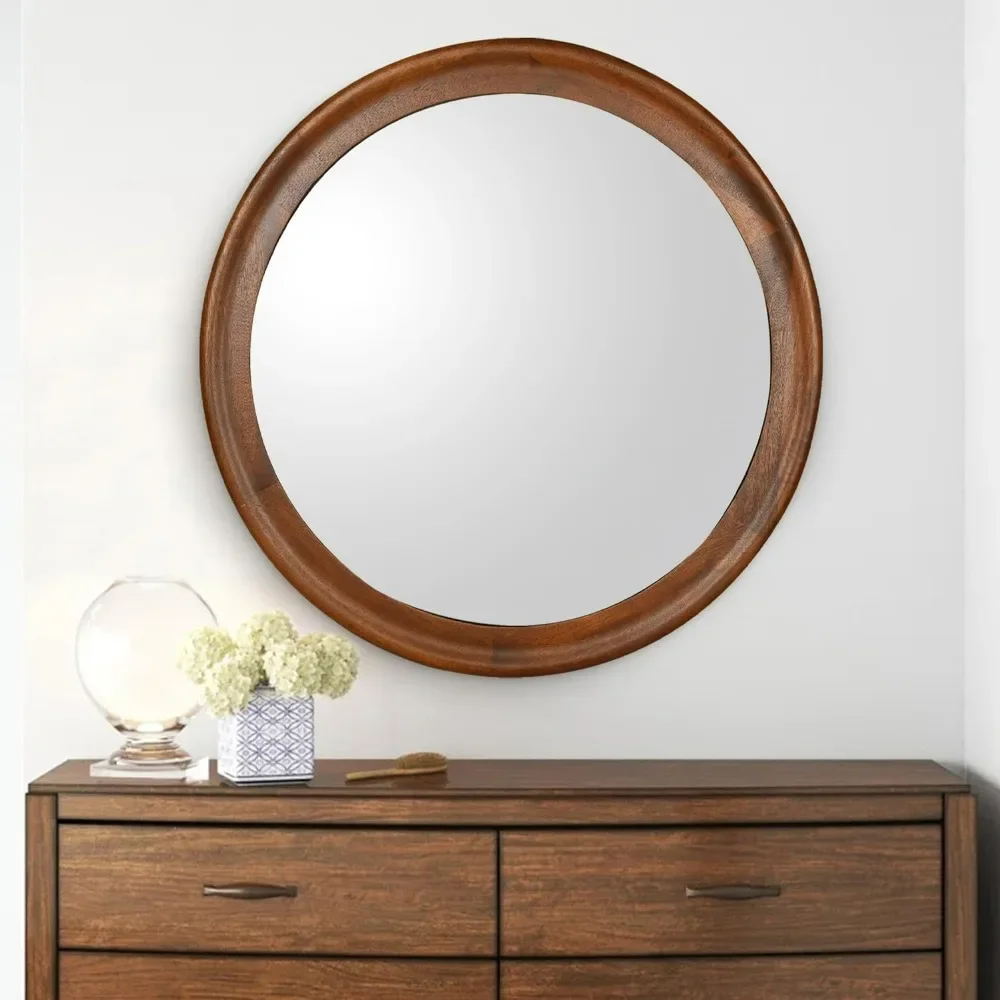 Round Wood Mirror for Wall, 30 Inch Circle Decorative Mirror with Walnut Frame, Rustic Vanity Mirror for Living Room, Brown