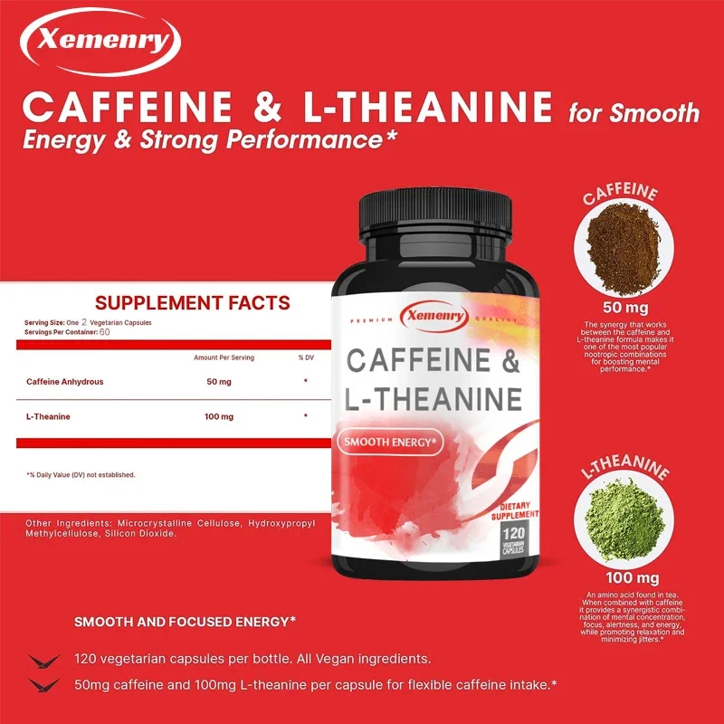 Cafeïne 50 mg en L-Theanine 100 mg - Voedingscapsules geïmporteerd uit de Verenigde Staten