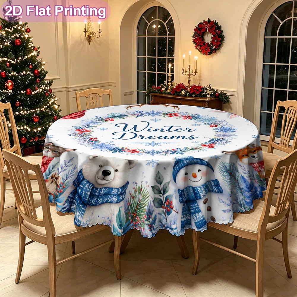 Winter Dreams Christmas Animal Wreath Printed Decorative Tablecloth, Winter Themed Table Cover for Kitchens and Dining Rooms