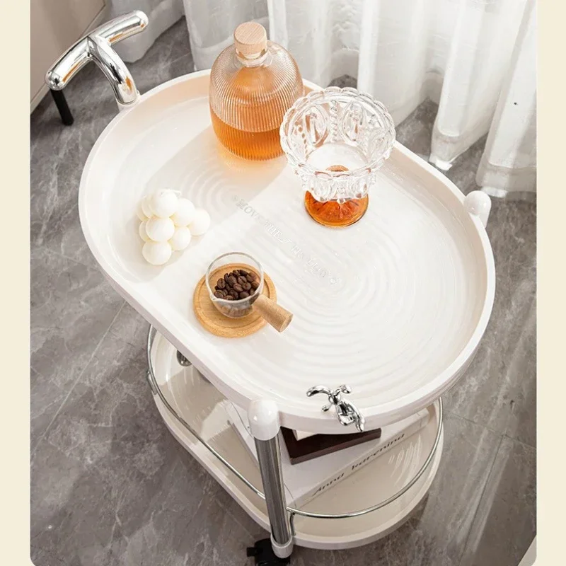 Rak penyimpanan lantai multifungsi mewah ringan dengan rak bergerak dua tingkat, meja teh di samping tempat tidur, kereta makanan.