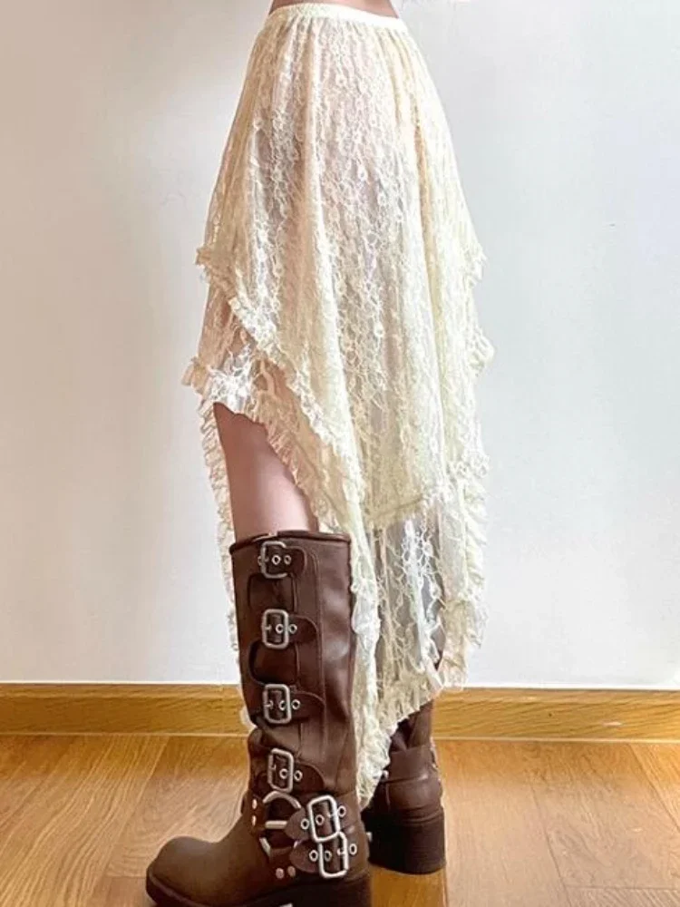 Asymmetrical Lace Skirts Women Summer Clothing Soft 2000s Vintage Clothing Streetwear Y2k Trendy Korean Style Loose Ladies Party