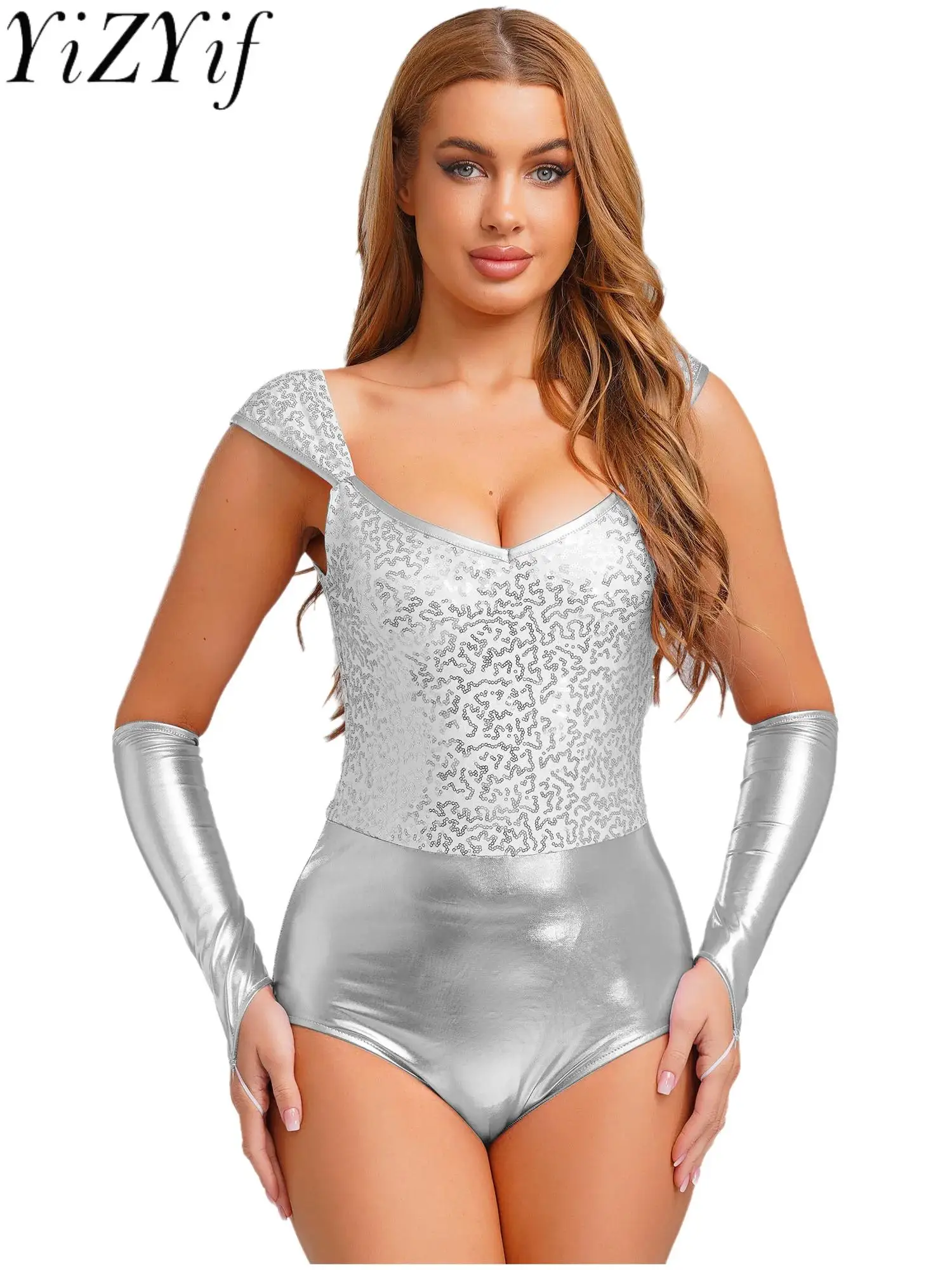 

Halloween Alien Cosplay Costumes Women Shiny Disco Jazz Pole Dancing Bodysuit with Sleeves Elegant Slim Fit Sequins Dance Suits