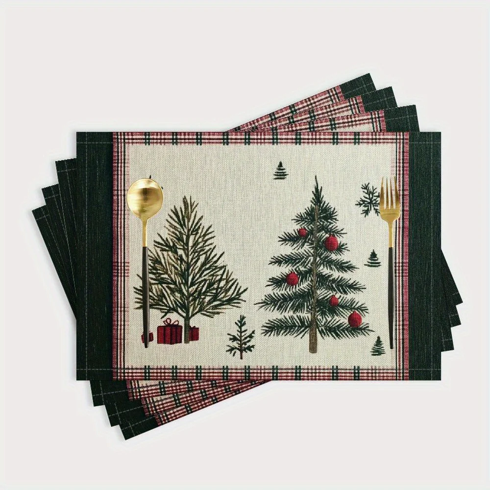 Set of 4 Festive Christmas Tree Placemats - Durable Linen Buffalo Plaid, Heat-Resistant Washable Table Mats