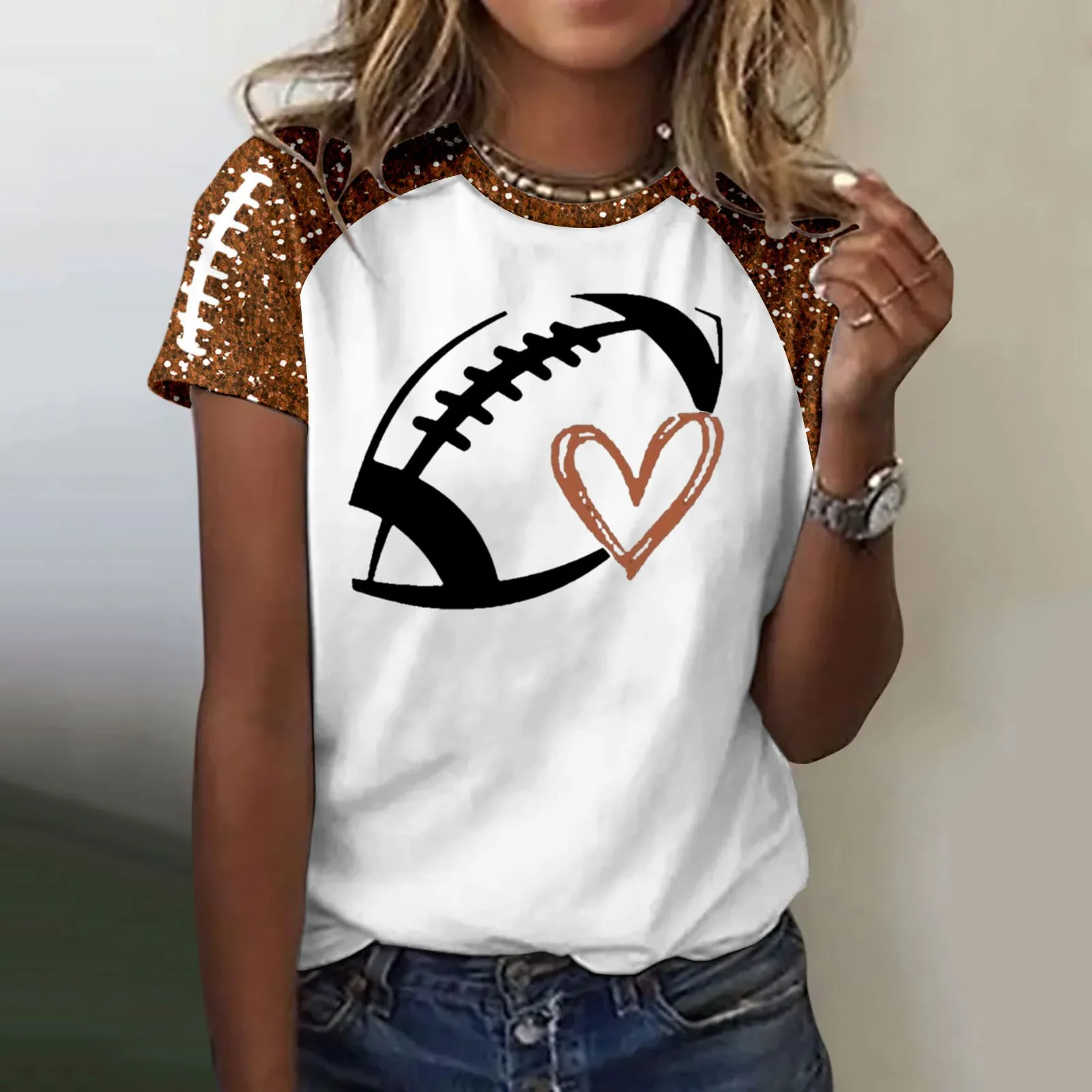 Sleeve mujer ofertas Short Casual American T Shirt Bowl Crew Womens de Printed Shirt Pullover Fashion Womens ropa Neck Super